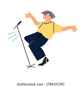 Dancing male pop, rock and roll singer by the stage microphone. Pop music concert. Vocal and dance performance. Vector illustration in flat style