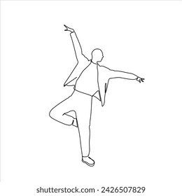 Dancing male silhouette, ballerina, ballet pose, continuous line drawing, small tattoo, print for clothes and logo design, emblem or logo design, isolated vector illustration.