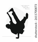 Dancing man black silhouette. Cool boy doing handstand. Break dance, hip-hop street dancer. Flat hand drawn vector illustration isolated on white background