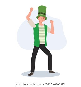 Dancing Man in Green Outfit . Cheerful Man Celebrating St. Patrick's Day by dancing