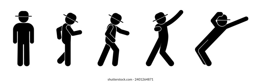 dancing man icon, stick figure people, human silhouette in hat, dance moves illustration