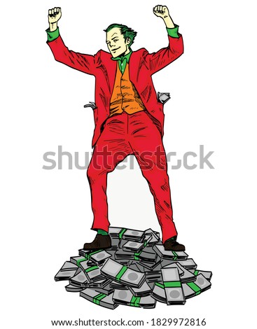 a dancing man on a pile of money