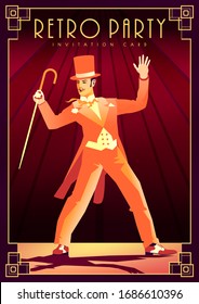 Dancing man at a party in the style of the early 20th century. Retro party invitation card. Handmade drawing vector illustration. Art Deco style.