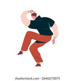 Dancing man in profile. Joyful young male in energetic pose, smiling, moving at disco party. Dancer in energy movement, funny move to music. Flat vector illustration isolated on white background