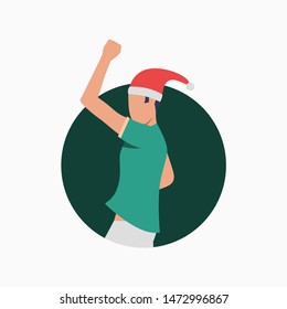 Dancing man in Santa hat. Guy in Christmas cap enjoying party and having fun. Holiday concept. Vector illustration can be used for topics like office party, cheer, festive event