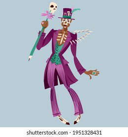 In Baron Samedi (Baron Samstag) gekleideter Tanzmann in Schädel. Schwarz-Weiß. Vektorgrafik