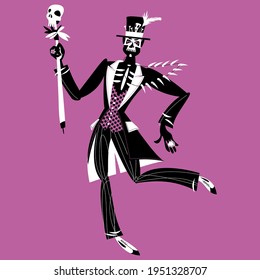 Dancing man in skull makeup dressed in Baron Samedi (Baron Saturday) costume. Black and white. Vector illustration