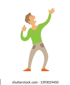 Dancing man stretching arms up isolated character vector. Person relaxing in club, clubbing male wearing fancy clothes, happy dancer moving body on music