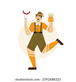 Dancing man in traditional Bavarian clothing and hat with glass of beer. German male character in flat design.