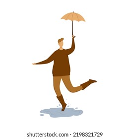 A dancing man with an umbrella is isolated on the white background. Vector illustration 