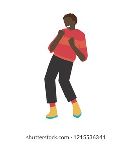 Dancing man vector illustration with flat young african male character with no face in casual clothes having fun and doing rhythmic movements isolated on white background.
