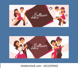 Dancing man and woman ballroom, sports dances. Tango, waltz, Latin American dances vector illustration. Dance studio. Dancing couple background banner, flyer, invitation, brochure poster.