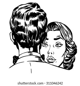 Dancing man and woman couple line art retro style