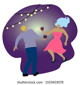 Dancing man and woman with glasses of wine on a dark background. Party with garlands. Happy New year. EPS10 vector illustration.