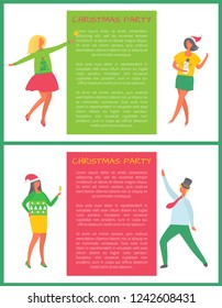 Dancing man, woman in green sweater with fir trees, females in Santa hat, cartoon characters on Christmas celebration party. Happy people celebrating New Year