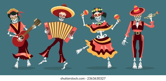 Dancing mariachi skeletons. Dead day party sugar skull or halloween holiday traditional mexican music band isolated vector illustration