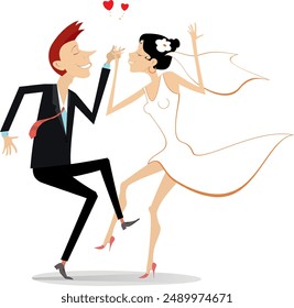 Pareja casada de boda bailando. 
Símbolo del corazón y hombre y mujer feliz bailando en el vestido blanco y velo de boda. Aislado sobre fondo blanco
