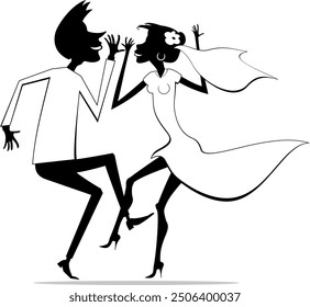 Dancing married wedding couple. 
Heart symbol and dancing happy man and woman in the white dress and wedding veil. Black and white
