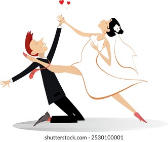 Pareja de boda casada bailando. 
Símbolo del corazón y hombre feliz bailando y mujer en el vestido blanco y el velo de la boda. Aislado en el fondo blanco
