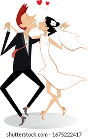 Dancing married wedding couple illustration. Heart symbol and dancing happy man and woman in the white dress and isolated on white
