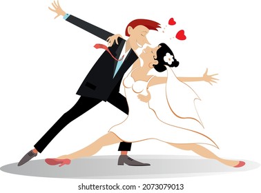 Dancing married wedding couple illustration. 
Heart symbol and dancing happy man and woman in the white dress and wedding veil isolated on white
