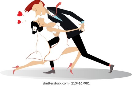 Dancing married wedding couple illustration. 
Heart symbol and dancing happy man and woman in the white dress and wedding veil isolated on white
