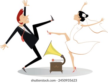 Pareja casada de boda bailando. 
Antiguas tocadiscos y bailando feliz hombre y mujer en el vestido blanco y velo de novia. Aislado sobre fondo blanco
