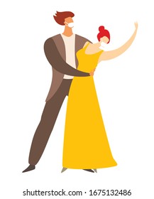 Dancing masked people vector illustration. Self- isolation at home concept. Coronavirus quarantine epidemic concept. Cartoon flat style drawing icon 