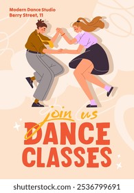 Dancing master class event poster design. Promotion template of music performance from young artists. Advertising of lindy hop, twist, jazz lessons in school of dancers. Flat vector illustration