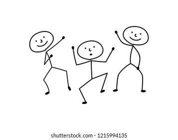 Dancing men hand-drawing sketch. Emotion, happy people isolated pictograms.