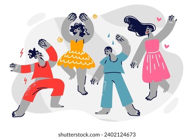 Dancing men and women with different emotions participate in music party or disco. Dancing participants in television dance show demonstrate skills, wanting to surprise jury or television viewers.