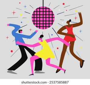 Dancing men and women with different emotions participate in music party or disco.