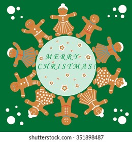 Dancing merry gingerbread men and greetings merry Christmas