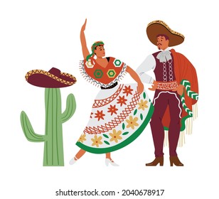 Baile mexicana hermosa mujer y hombre con trajes folclóricos tradicionales cerca de cactus, ilustración vectorial plana aislada en fondo blanco. Cultura y música mexicanas.