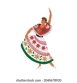 Dancing Mexican beautiful woman in traditional Latin-American colorful outfit, flat cartoon vector illustration isolated on white background. Mexican culture and music.