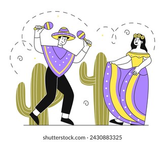 Dancing mexican people linear. Man in hat with maracases and woman in violet dress. Couple in traditional clothes. Simple flat vector illustration isolated on white background