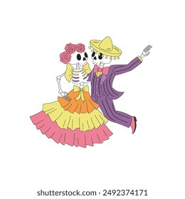 Dancing Mexican skeleton woman man couple vector clip-art isolated on white. Day of the Dead illustration