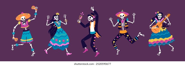 Dancing Mexican skeletons. Male and female deads in carnival costumes. Day of dead party. Halloween festival characters. Skeletal bodies. Bones and skulls. Horror fun