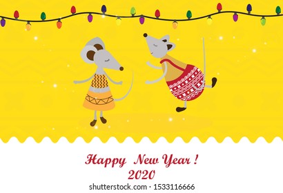 dancing mice, vector postcard, New year 2020, Christmas ornament. click on a yellow background
