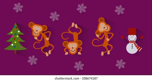 dancing monkeys with snowman & Christmas tree