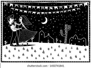 Dancing in the moonlight. Cute couple dancing. Big party Festa junina traditional Brazilian woodcut style vector illustration