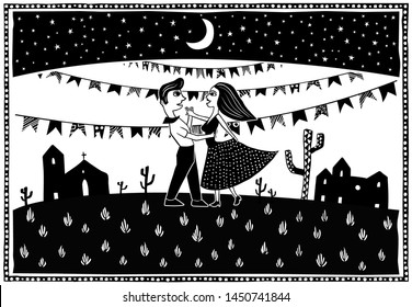 Dancing in the moonlight. Cute couple dancing. Big party Festa junina traditional Brazilian woodcut style vector illustration