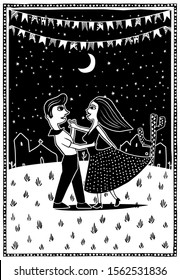 Dancing in the moonlight. Cute couple dancing. Big party Festa junina traditional Brazilian woodcut style vector illustration