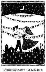 Bailando a la luz de la luna.Una pareja linda bailando. Gran fiesta Festa junina tradicional brasileña ilustración vectorial estilo madera
