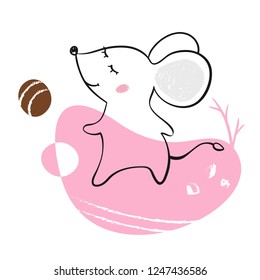 Dancing mouse baby print. Cute animal listens to music with simple abstract design. Cool illustration for nursery, t-shirt, kids apparel, child party and baby shower invitation