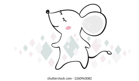 Dancing mouse baby print. Cute animal listens to music with simple abstract design. Cool illustration for nursery, t-shirt, kids apparel, child party and baby shower invitation