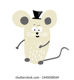 Dancing mouse in a black hat. Cartoon character. Vector illustration. Hand-drawn.