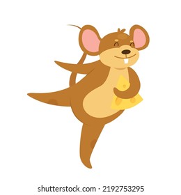 Dancing Mouse With Cheese. Happy Rat With Stolen Food, Cheese Lover Vector Illustration