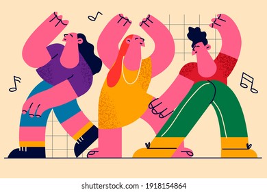 Dancing, moving, dancer concept. Group of young happy dancing people male and female dancers moving and expressing positive emotions with body illustration