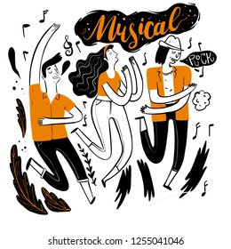 Festival de dança na música. Momentos de relaxamento, aparência e estilo de vida. Coleção de mão desenhada. Ilustração vetorial no estilo doodle de esboço, traços de pintura, semi-abstrato